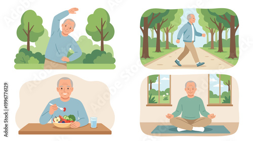 Grandpa Healthy Lifestyle Color Vector Set – 4 Active Senior Wellness Illustrations in Clean Grid