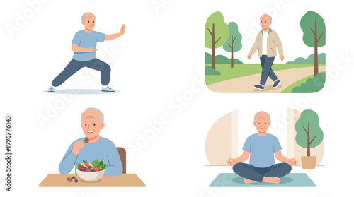 Grandpa Healthy Lifestyle Color Vector Set – 4 Active Senior Wellness Illustrations in Clean Grid