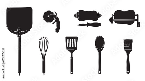 Black kitchen utensils silhouette set, professional cooking tools collection, pizza peel and baking equipment icons for restaurant menu design