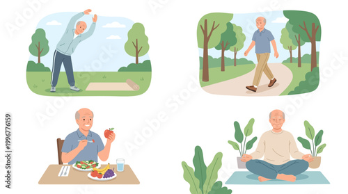 Grandpa Healthy Lifestyle Color Vector Set – 4 Active Senior Wellness Illustrations in Clean Grid