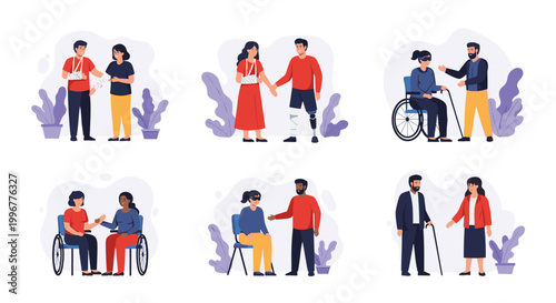 Group of diverse people with physical disabilities interacting and receiving support from companions in different scenarios.