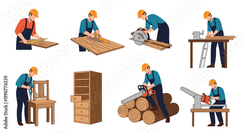 Professional carpenters using various hand and power tools to cut wood and assemble furniture in a workshop environment.