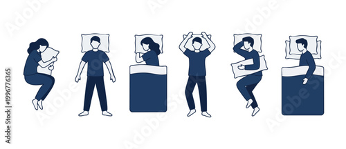 Sleeping positions icon set, people sleeping in bed with pillows and blankets, flat vector illustration showing human posture for night rest, healthy sleep habits infographic design, night time comfor