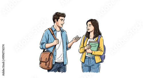 Male and female college students with backpacks and books having a friendly conversation on a plain white background.