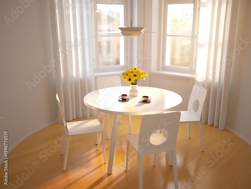 Modern minimalist dining area with white table, elegant decor, natural light, clean interior, bright organized space, stylish contemporary home design with cozy inviting atmosphere.