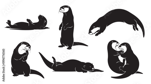 Minimalist otter silhouette collection, black and white aquatic mammal vector set, playful river otter icons in various poses for nature branding