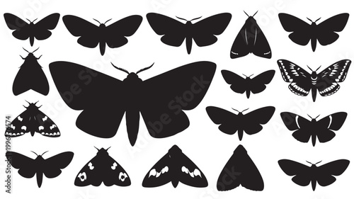Black moth silhouette collection, set of 15 butterfly and moth vector icons, dark insect graphic elements for nature design and spooky decor