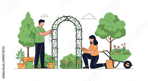 Young couple working together in a beautiful garden while tending to climbing plants on a metal arch and various potted flowers.