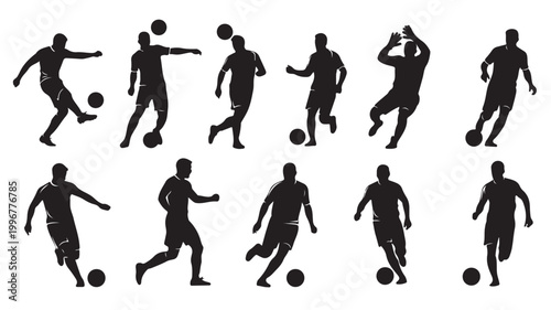 Soccer player silhouettes set of 11 vector icons, football athletes in action poses, black male sports figures kicking and dribbling ball on white background