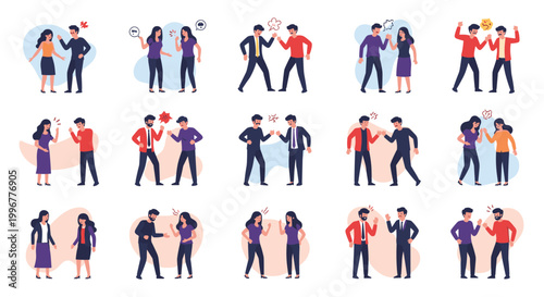 Multiple sets of couples and coworkers engaged in heated arguments, conflicts, and disagreements with expressive body language.