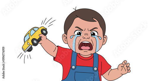 A crying cartoon boy dropping a toy car.