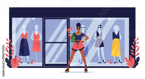 Stylish woman standing confidently in front of a modern clothing boutique window displaying several fashionable dresses on mannequins.