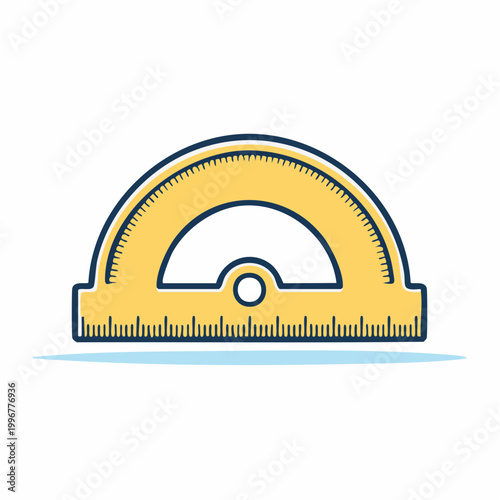 Yellow protractor with blue outline on white background
