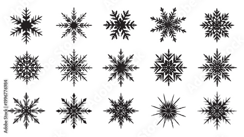 Minimalist black snowflake icons set, 15 geometric winter snow crystal vectors, decorative holiday ice flake silhouettes for Christmas design