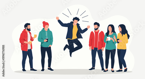 Group of young friends enjoying drinks together while one exuberant man jumps for joy in the center of the friendly gathering.