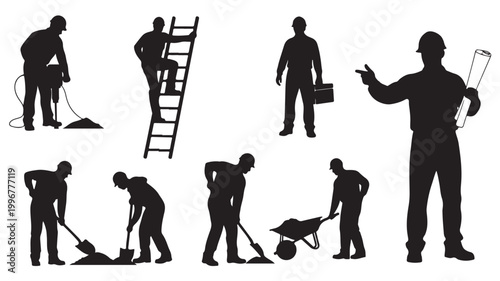 Construction worker silhouettes set, industrial building site laborers with tools, professional contractor and engineer vector icons for civil engineering