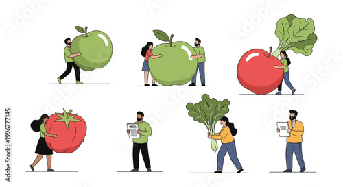Illustrations of people carrying giant fruits and vegetables like apples, tomatoes, and radishes to represent healthy eating.