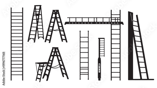 Industrial ladder silhouette collection, construction step ladders and scaffolding vector set, black metal climbing equipment icons for repair and building