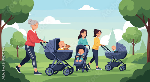 Three mothers, including a grandmother, walking with their infants in strollers through a beautiful green city park on a sunny day.