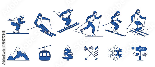 Skiing people icons set, professional skiers in motion, winter mountain sports elements, alpine slopes, cable car, snowflakes and pine trees, blue flat vector illustration for graphic design projects.