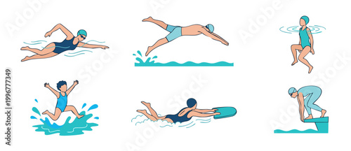 Swimming people set, diverse swimmers performing different styles in water, pool activity icons, competitive sport training, leisure exercises, active lifestyle, minimalist vector flat illustration st