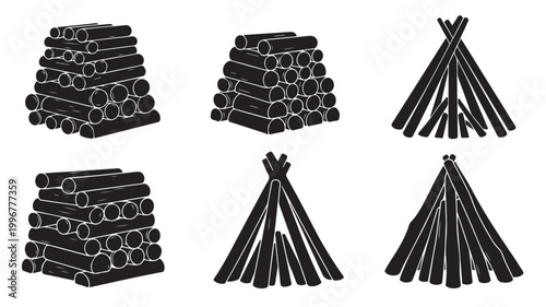 Firewood log pile and campfire wood stack icons, black silhouette timber collection, 6 vector elements for camping and forestry