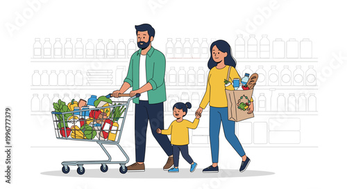 Happy family with a young daughter shopping for fresh groceries at a supermarket with a cart full of vegetables and fruits.