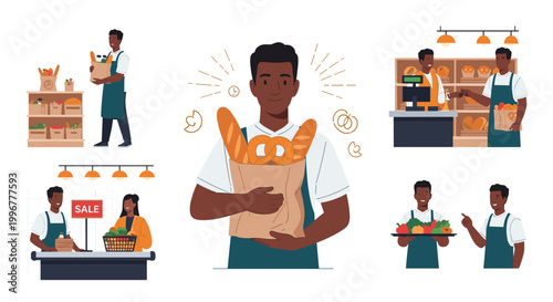 Collection of scenes showing a helpful grocery store employee stocking shelves, assisting customers, and working at the checkout.
