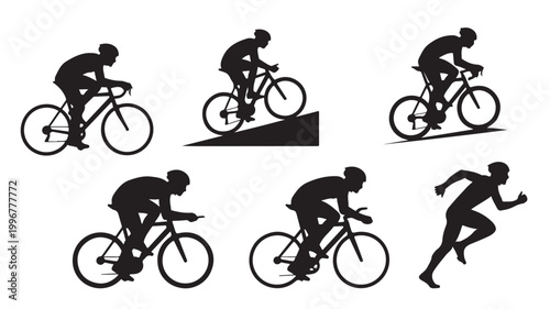 Professional triathlon athlete silhouettes, cycling and running competition icons, road bike racing and marathon runner vector set