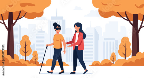 Helpful woman assisting a blind friend walking with a white cane through a beautiful autumn city park with high-rise buildings.