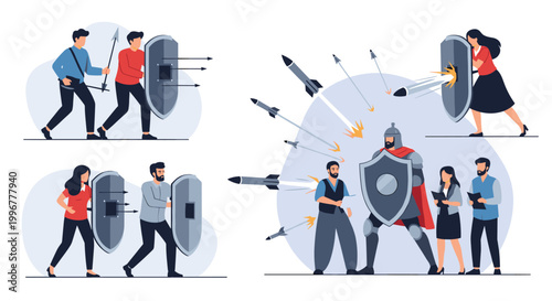 Abstract business concept showing people with shields defending themselves from flying arrows and missiles in market competition.