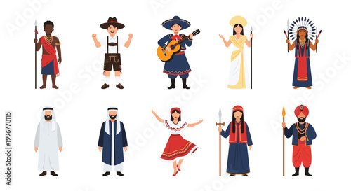 Illustrations of diverse people representing various global cultures through their unique traditional national clothing and items.