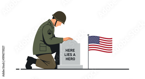 A solemn soldier kneels before a tombstone inscribed 'Here Lies A Hero' with an American flag waving nearby