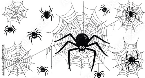 Bilde på lerret Black Spiders on Multiple Cobwebs Isolated on White Background