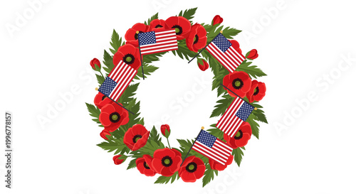 Vibrant poppy flower wreath adorned with small American flags, symbolizing remembrance, patriotism, and honor for veterans and fallen heroes