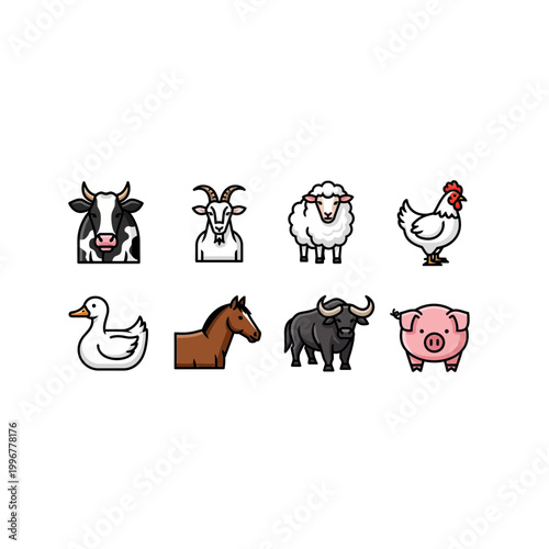 Set of farm animal icons including livestock and poultry with livestock