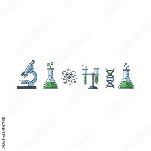 Scientific laboratory equipment icons set for research with laboratory, research