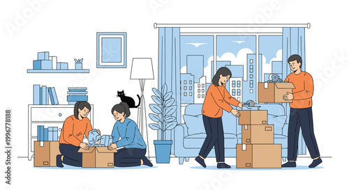 Friends or family members working together to pack household items into cardboard boxes for a relocation or moving day event.