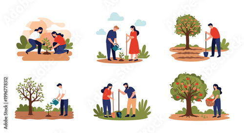 Collection of people gardening activities such as planting trees, watering sprouts, and harvesting ripe apples in autumn.