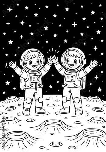 Little astronauts on the moon coloring page