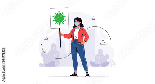 Activist woman wearing protective face mask holding a sign with virus icon during a public protest for healthcare awareness.