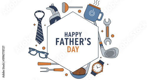 A hexagonal frame with 'Happy Father's Day' text surrounded by various icons representing fatherly hobbies and interests.