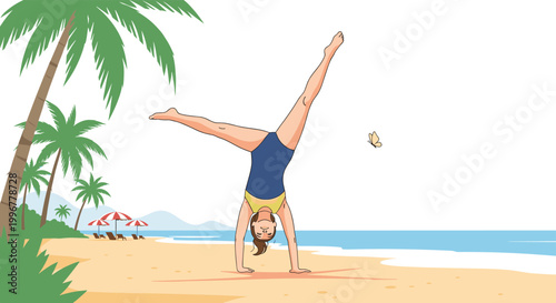 Athletic woman performing a handstand on a beautiful tropical beach with palm trees and calm blue ocean waves under sun.