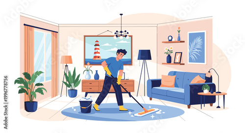 Diligent young man mopping a blue carpet in a modern living room with bucket and soap to maintain household cleanliness.