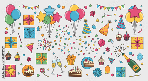 Tablou pe pânză A vibrant collection of colorful birthday party elements, including balloons, gift boxes, confetti, cakes, and champagne, arranged in a festive and celebratory display