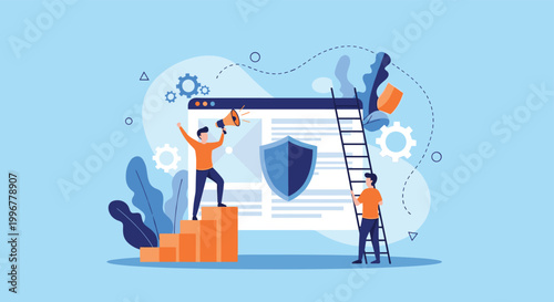 Business team working on website security and data protection using creative icons like shield, ladders, and megaphones.