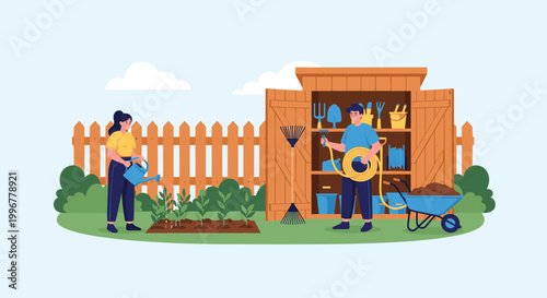 Couple working together in a garden by watering plants and organizing tools near a wooden shed in a sunny backyard.