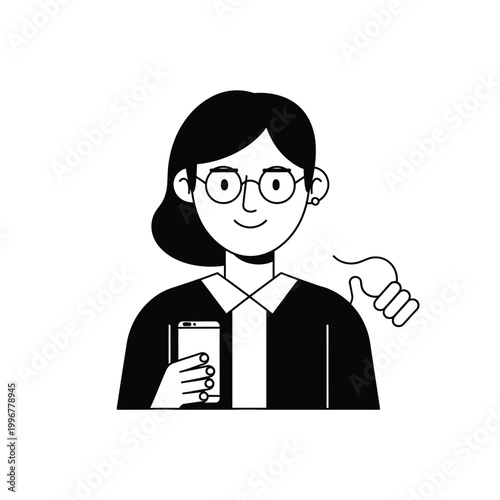 Cartoon Woman with Glasses Holding Phone and Thumbs Up.