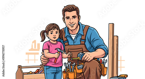 A happy father and his young daughter bonding over DIY projects, holding tools in a workshop setting.