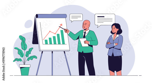 Professional man giving a business presentation with a flipchart showing a rising line graph and bar chart for success.